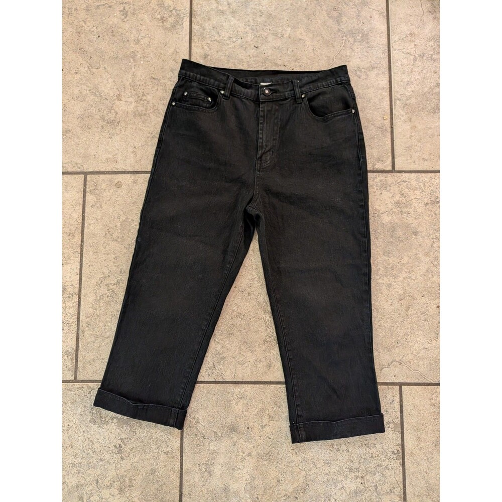 DG2 Diane Gilman Capri Jeans Womens 8 Black Stretch Cuffed Rhinestone Button